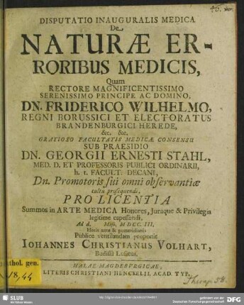 Disputatio Inauguralis Medica De Naturae Erroribus Medicis