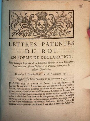 Lettres patentes du Roi ... partager le service de la chambre royale en deux chambres