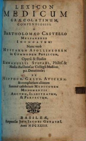 Lexicon Medicum Graecolatinum, Compendiosiss.