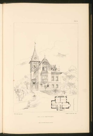 Villa Stuttgart: Grundriss und Ansicht (aus: Stadt- und Landhäuser, hrsg. von Ernst Wasmuth, Berlin 1894)