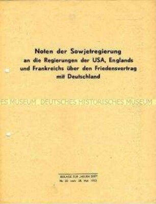 Sonderdruck zur Note der UdSSR an die Regierungen der Westmächte über einen Friedensvertrag mit Deutschland (Beilage der "Neuen Zeit")