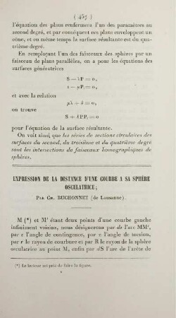 Expression de la distance d'une courbe a sa sphére osculatrice.