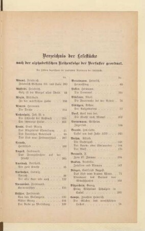 Verzeichnis der Lesestücke nach der alphabetischen Reihenfolge der Verfasser geordnet