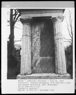 Grabstein von Sigmund Gernsheim (gestorben 1896.01.28) und Regina Gernsheim (geborene Neuburger) (gestorben 1919.09.19)