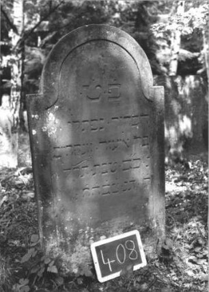 Grabstein 408 (Index: 99895861) Material: Sandstein Zustand: gut Maße HxBxT: 119x62x9 cm Beschreibung: Stele mit eingezogenem Rundbogenabschluss: Grabstein 408