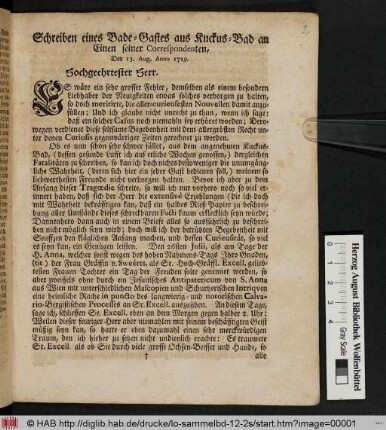 Schreiben eines Bade-Gastes aus Kuckus-Bad an Einen seiner Correspondenten, Den 13. Aug. Anno 1729.