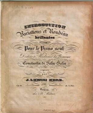 Introduction, variations et rondeau brillantes : arr. pour le piano seul