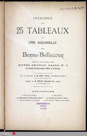 Catalogue de 25 tableaux et une aquarelle par E. Berne-Bellecour dont la vente aura lieu Hotel Drouot, le jeudi 13 décembre 1894 ... /, Hotel Drouot