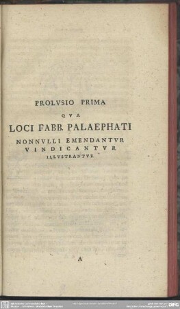Prolusio Prima Qua Loci Fabb. Palaephati Nonnulli Emendantur Vindicantur Illustrantur