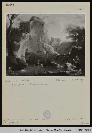 Flusslandschaft mit Ruinen und Wäscherinnen