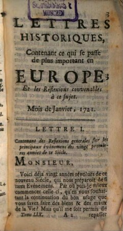 Lettres historiques, contenant ce qui se passe de plus important en Europe, et les réflexions nécessaires sur ce sujet. 59. 1721. Janv. mars - juin