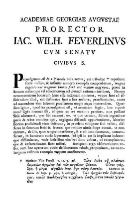 ACADEMIAE GEORGIAE AVGVSTAE PRORECTOR IAC. WILH.FEVERLINVS CVM SENAT V CIVIBVS S.