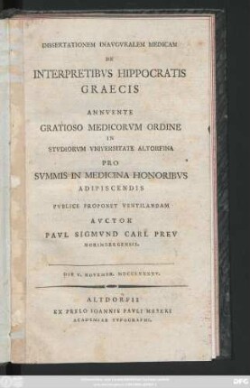 Dissertationem Inavgvralem De Interpretibvs Hippocratis Graecis