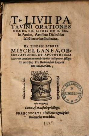 T. Livii Patavini Orationes omnes : ex libris de II. bello Punico, artificio dialectico & rhetorico illustratae ; ex iisdem libris miscellanea, observationes, et apophthegmata, rerum omnium memorabilium ac insignium