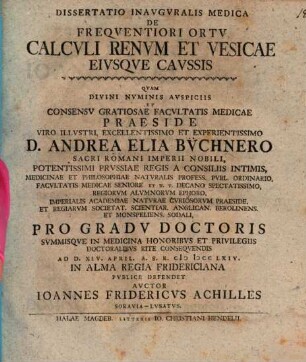 Diss. inaug. med. de frequentiori ortu calculi renum et vesicae eiusque caussis