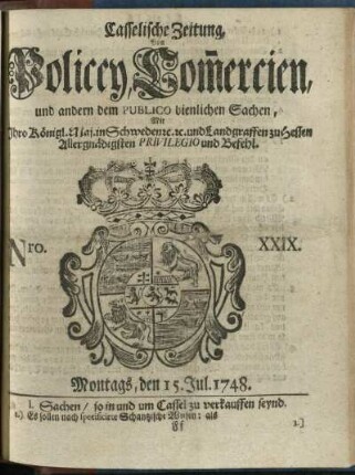 Nro. XXIX, Montags, den 15. Jul. 1748