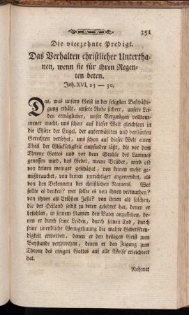 Die vierzehnte Predigt. Das Verhalten christlicher Unterthanen, wenn sie für ihren Regenten beten.