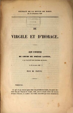 De Virgile et d'Horace : Leçon d'ouverture du Cours de poésie latine, à la faculté des lettres de Paris, le 27. nov. 1838