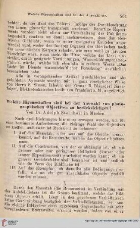 1: Welche Eigenschaften sind bei der Auswahl von photographischen Objectiven zu berücksichtigen?