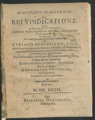 Disputatio Inauguralis De Rei Vindicatione