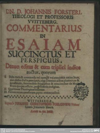 Jo. Forsteri Commentarius in Esaiam