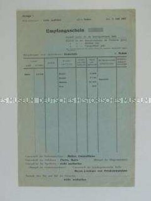 Vordruck eines Empfangsscheines für abgeliefertes Metall