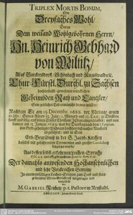 Triplex Mortis bonum oder dreyfaches Wohl ...