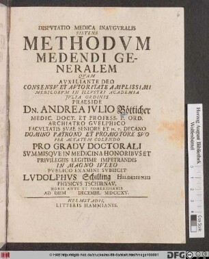 Dispvtatio Medica Inavgvralis Sistens Methodvm Medendi Generalem