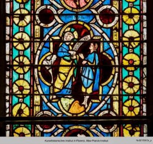 Fenster A-IX mit Genesisszenen und heiligen Jungfrauen : Genesisszenen : Gott stellt Kain zur Rede