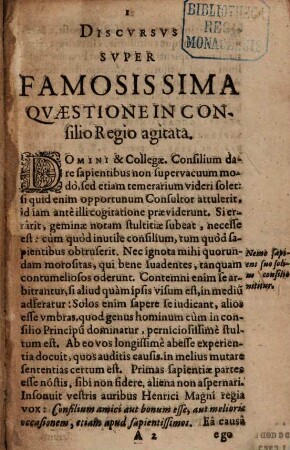 Discursus super ... quaestione ... Conveniatne Coronae francicae Amicitias et foedera potius cum Catholicis, quam cum religionis reformatae ... sectatoribus iungere