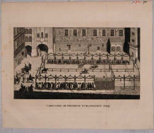 Darstellung eines Karussells (auch Ringelreiten, Lanzenreiten) im Hof des Residenzschlosses in Dresden im Jahr 1609, aus den Abbildungen zur Chronik Dresdens von 1835