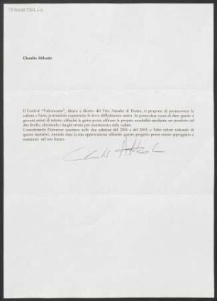 Kurzer Text von Claudio Abbado über das Festival "ValcenoArte", geleitet vom Trio Amadei