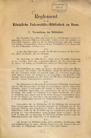Reglement für die Königliche Universitäts-Bibliothek zu Bonn