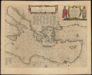Seekarte vom Mittelmeer, Kupferstich, 1:4 200 000, 1656 : Pascaarte Van 't Oostelyckste deel vande Middelandsche Zee : Vertonende in sich de ware gelegentheden van alle Capen, havens, rivieren, bayen en droogten zynde alles op zyn behoorlycke streckingen en distantien geleyt = Tabula Hydrographica de partibus Orientalioribus Maris Mediterranei. - [Ca. 1:4 200 000]. - Amstelodami : Apud Ioannem Ianssonium , [1656]. - 1 Karte : Kupferstich ; 42 x 54 cm, Blattgröße 50 x 60 cm // Maßstab in graph. Form (Duytsche Mylen, Spaansche mylen) + Titelkartusche oben rechts + Seekarte Mittelmeer + Text auf der Rückseite unter dem Titel: Maris Mediterranei : Tabula hydrographoca Posterior