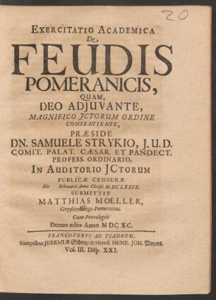 Exercitatio Academica De Feudis Pomeranicis