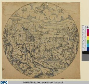 Der Frühling: Am Himmel Göttin Venus mit Amor und den Tierkreiszeichen Wassermann, Fische, Widder, im Vordergrund Holzfäller