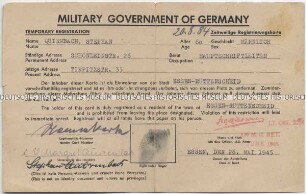 Provisorischer Registrierungsschein der alliierten Militärregierung in Essen für einen Journalisten (englisch, deutsch)