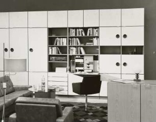 Drehsessel : Wohnzimmermöbel (1973). Ansicht mit Anbauwand, Sitzgruppe und Sessel