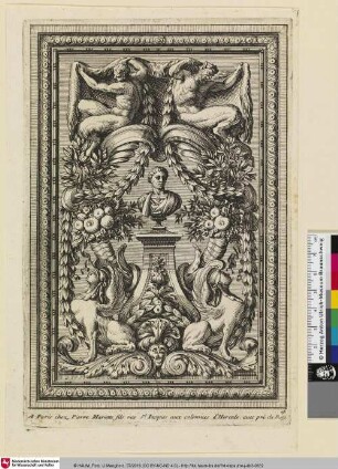 [Ornamentale Dekoration mit einer antiken Büste auf einem Podest, darüber Satyrn, darunter zwei Sphingen; Panneau au milieu duquel on voit une buste à l'antique sur une console]