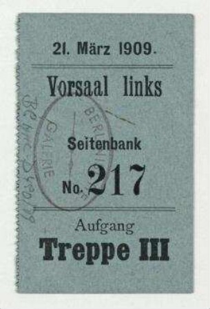 Abschnitt einer Eintrittskarte mit handschriftlicher Anmerkung von Hannah Höch auf der Rückseite: "Singakademie Vortr. v. Sven Hedin". Berlin