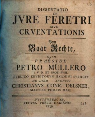 Diss. de iure feretri sive cruentationis: Vom Baar-Rechte