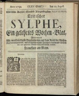 (LXV. Stück.) den 12. August. Anno 1752.