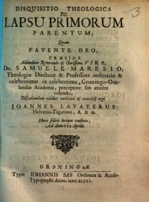 Disquisitio theologica de lapsu primorum parentum