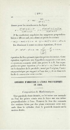 Concours d'admission a l'école polytechnique en 1881.