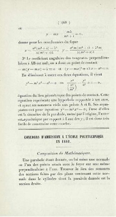 Concours d'admission a l'école polytechnique en 1881.