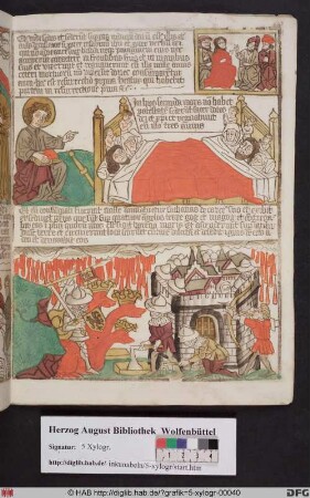 Oben: Das Gericht und die erste Auferstehung (Offenb. 20,4). Unten: Die Entfesselung des Drachen und der letzte Kampf (Offenb. 20,7).