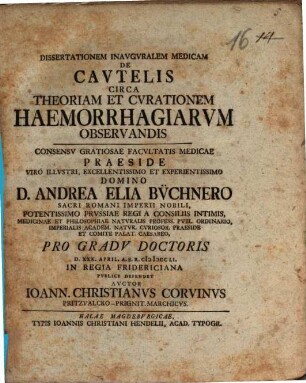 Dissertationem Inavgvralem Medicam De Cavtelis Circa Theoriam Et Cvrationem Haemorrhagiarvm Observandis