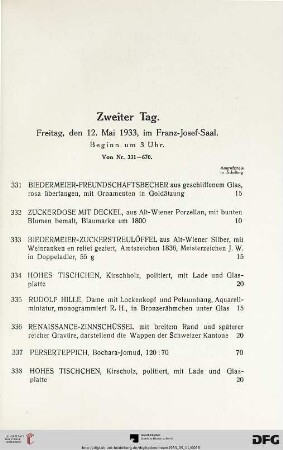 Zweiter Tag: Freitag, den 12. mai 1933, im Franz-Josef-Saal, Beginn um 3 Uhr (Nr. 331-670)