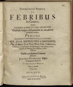 Dissertatio Medica De Febribus In Genere