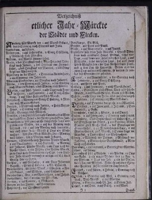 Verzeichniß etlicher Jahr-Märckte der Städte und Flecken.